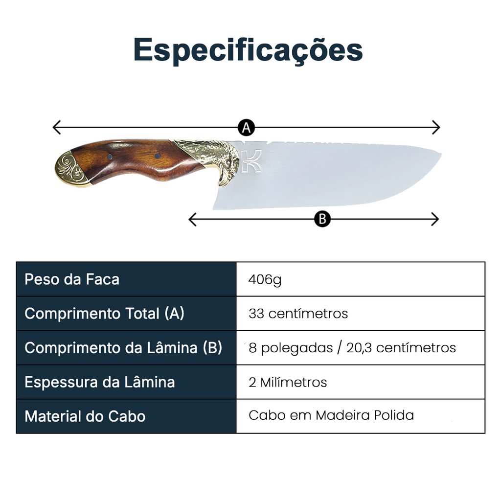 Especificações técnicas da faca: peso: 406g. Comprimento total 33 centimetros. comprimeito da lamina: 8 polegadas. espessura da lamina: 2 milimetros. Material do cabo: cabo em madeira guajuvira com guarda em latão maciço cabeça de águia