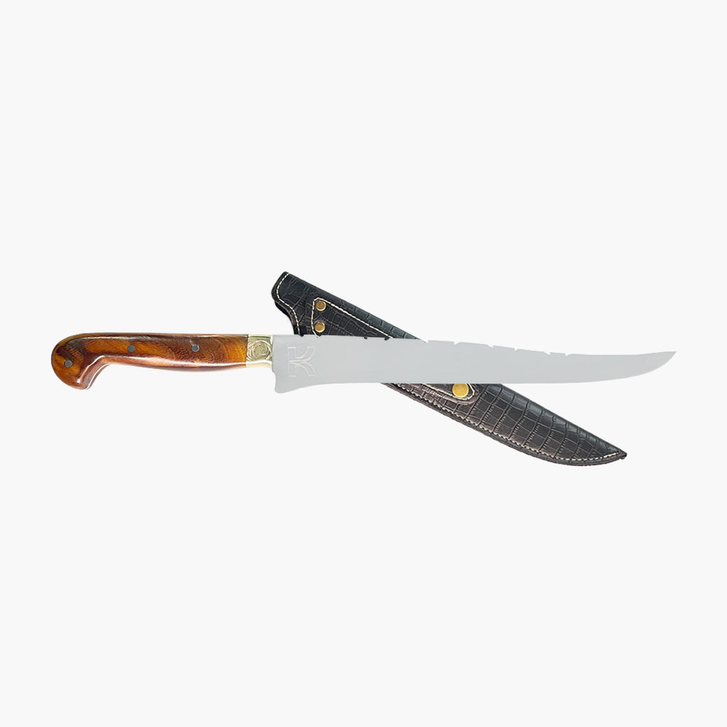 Faca fileteira 10 polegadas com bainha de couro e cabo madeira