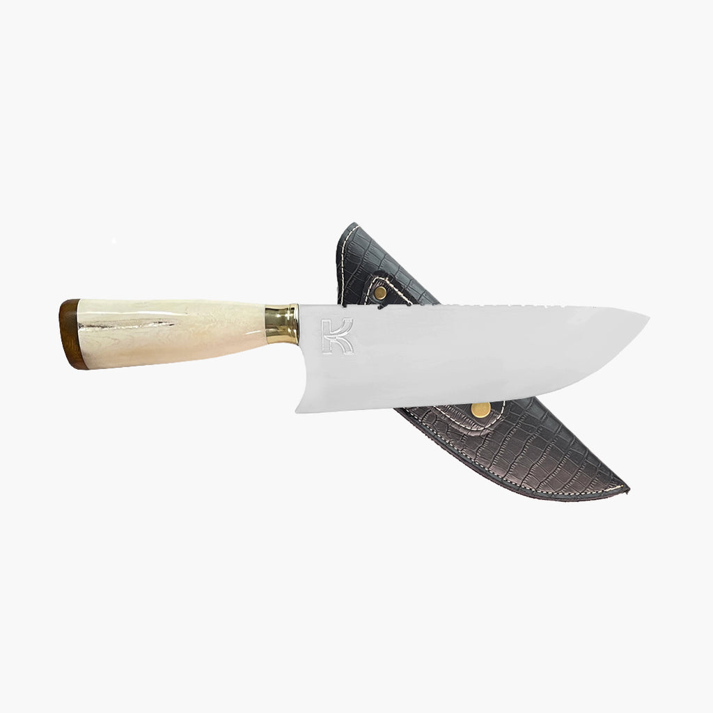 Faca picanheira chef 8 polegadas com bainha de couro e cabo osso