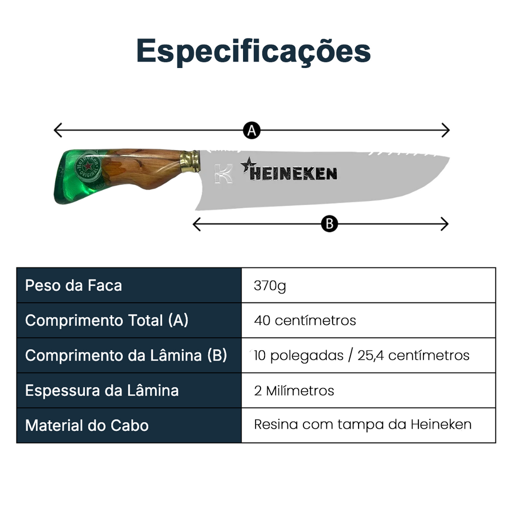 Infográfico com especificações da faca Heineken 10 polegadas: 370g, 40cm total, lâmina 25,4cm, cabo resina com tampa Heineken